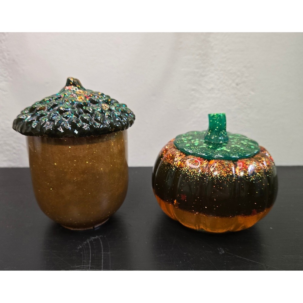 Handmade Resin Pumpkin and Acorn Trinket Box Set Glitter Fall Decor 2 Piece